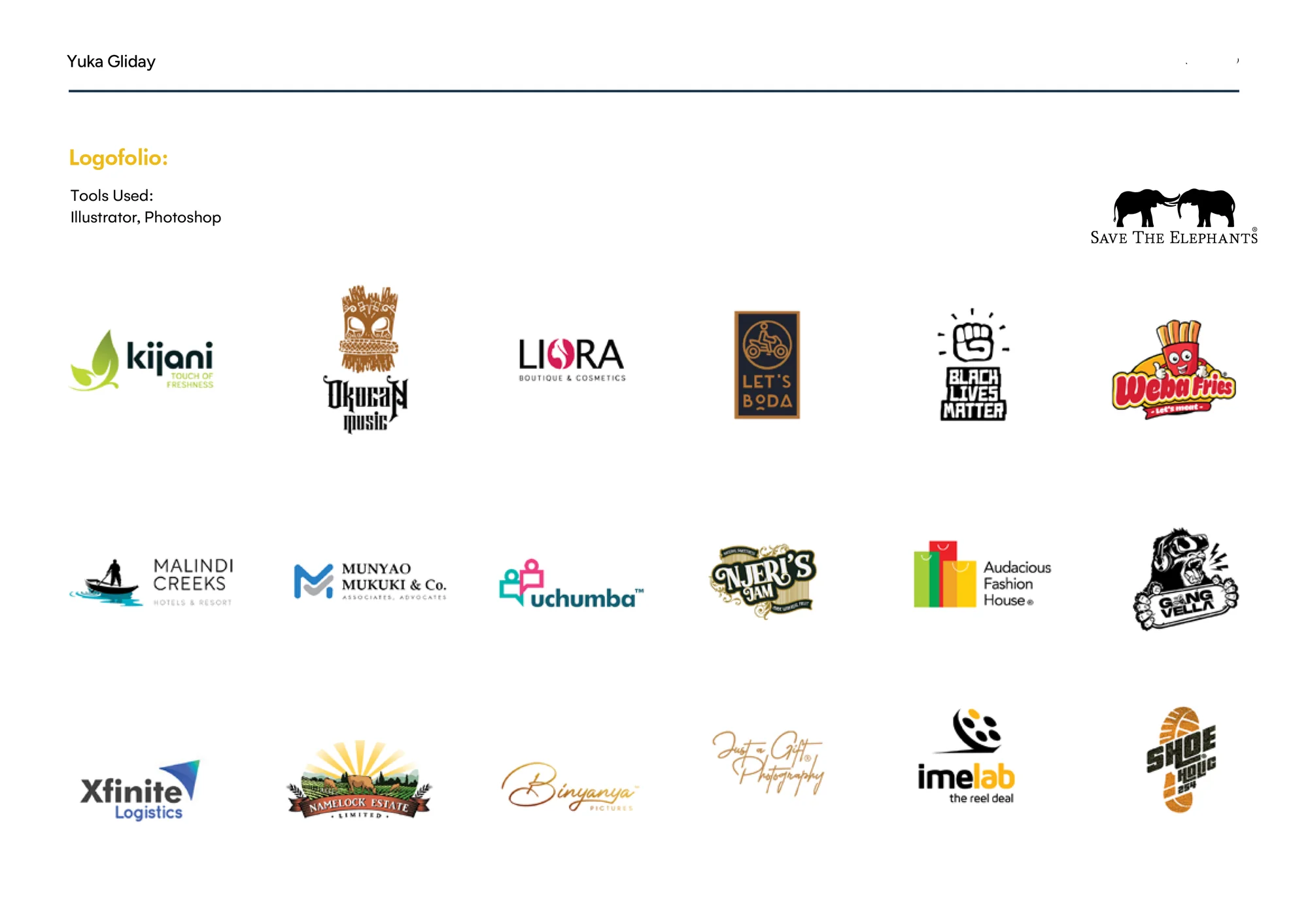 A selection of client logos and marks designed by Yuka Gliday